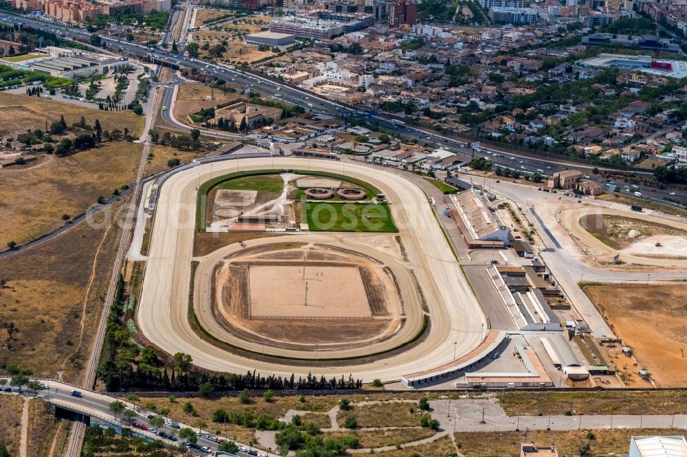 Palma from the bird's eye view: Race track of the Hipodromo son Pardo racecourse on the Carretera de Soller km 3.5 in Palma Nord in Palma in Balearic Island Mallorca, Spain