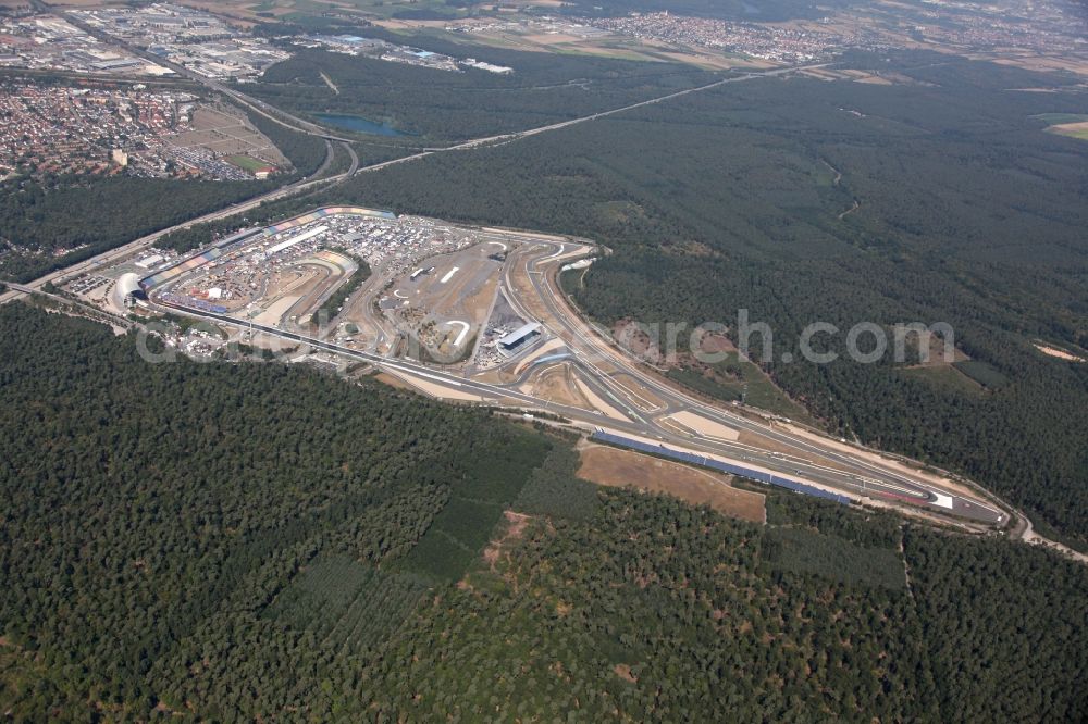 Hockenheim from above - Racetrack racecourse of Hockenheimring Baden-Wuerttemberg in Hockenheim during NitrOlympX - FIA Drag Racing and FIM predicate runs in the state Baden-Wuerttemberg