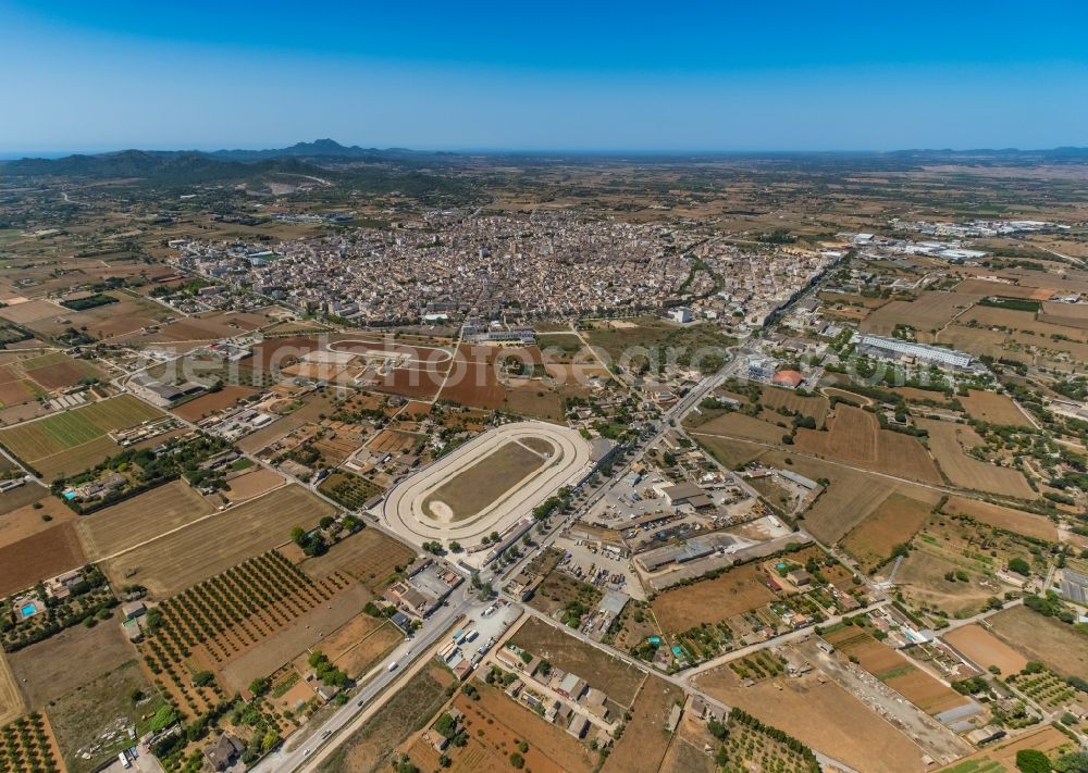 Aerial image Manacor - Racetrack racecourse - trotting HipA?drom de Manacor on Carrer d'Arta in Manacor in Balearic island of Mallorca, Spain