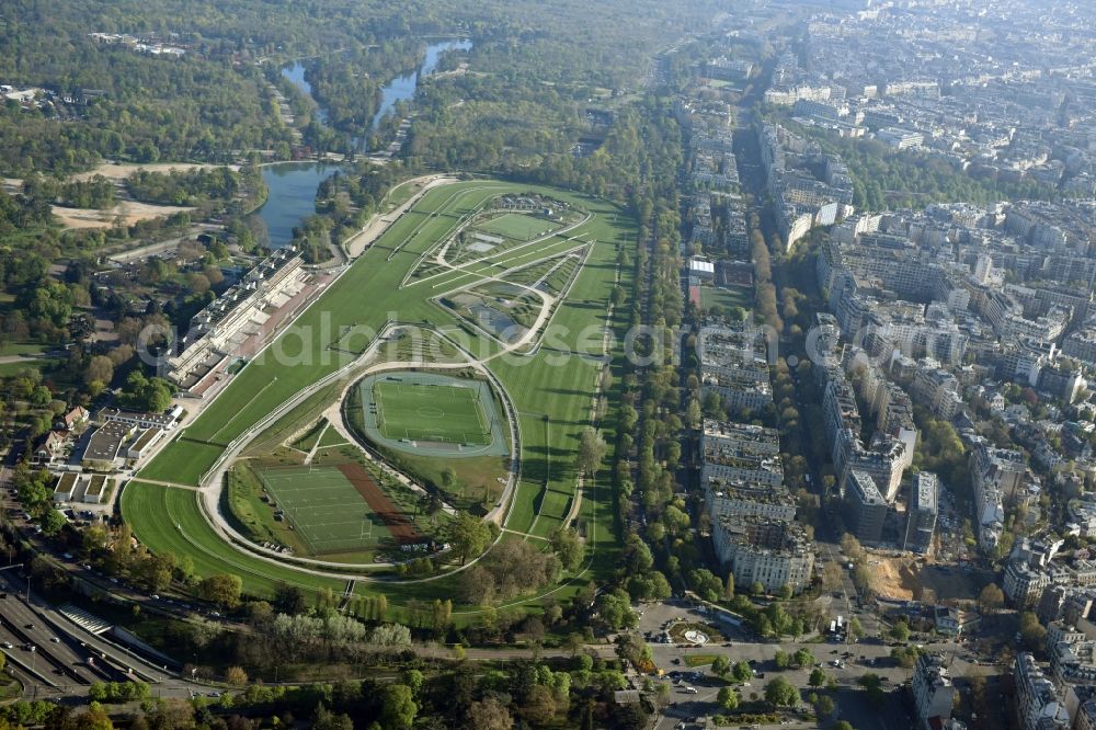 Aerial image Paris - Racetrack racecourse - trotting Hippodrome Auteuil on Route d'Auteuil aux Lacs in Paris in Ile-de-France, France