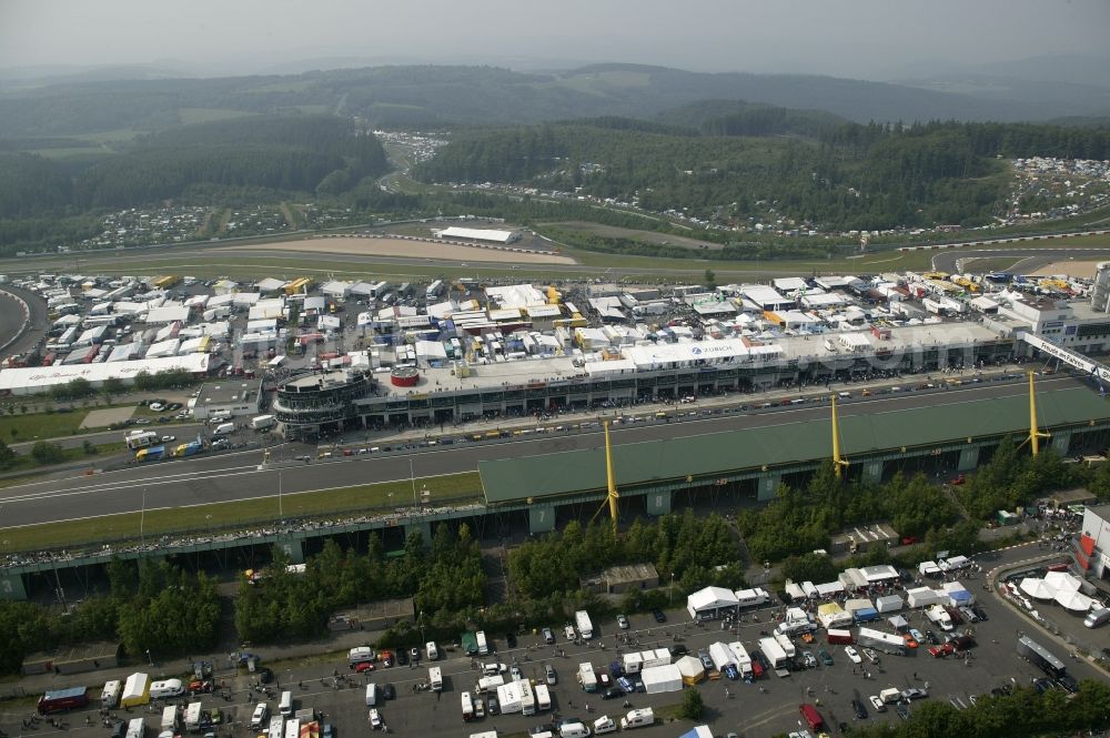 Aerial photograph Nürburg - Race day at the Formula 1 race track in Nuerburg Nuerburgring in Rhineland-Palatinate