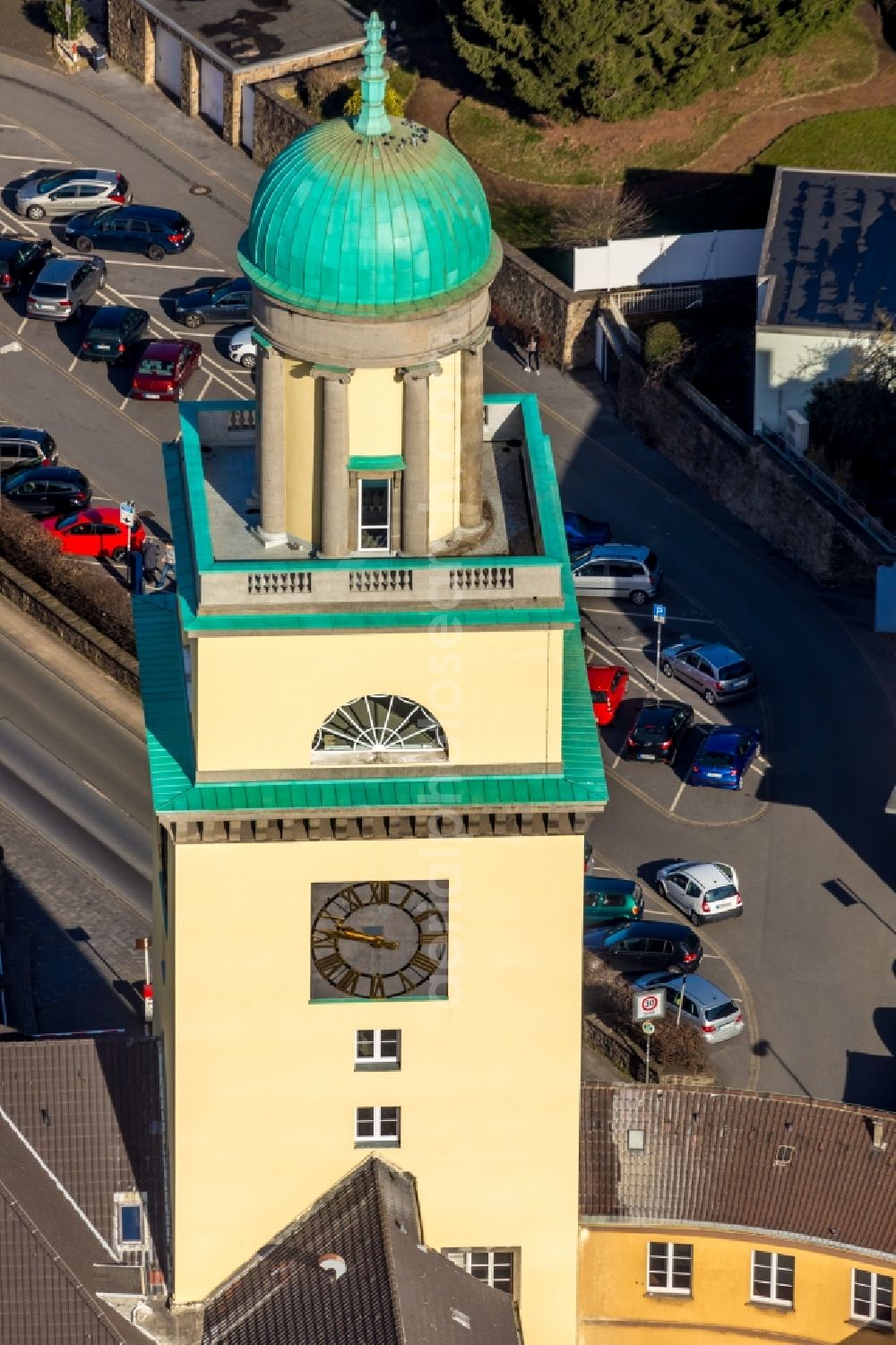 Aerial photograph Witten - Renovated town hall tower at the building of the city administration - Town Hall at the Marktstrasse in Witten in the federal state North Rhine-Westphalia, Germany