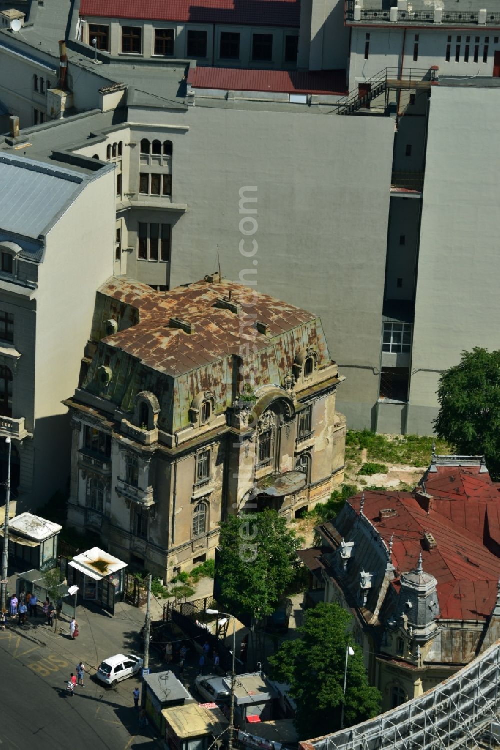 Aerial image Bukarest - Renovated building of the Academia de Studia Sconomicein ASE Cladirea Ion Angelescu on the Strada Caderea in Bucharest, Romania