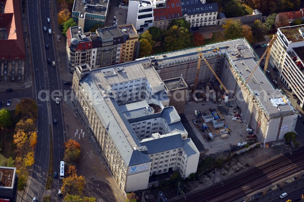 Berlin from above - Construction work at the office building Schicklerhaus at Littenstraße in Berlin-Mitte. The complex was built in 1910 in neo-classical style, and features office space for Daimler Group Services GmbH Berlin and the service company Vamed Germany GmbH as well as the German Travel Association (DRV)