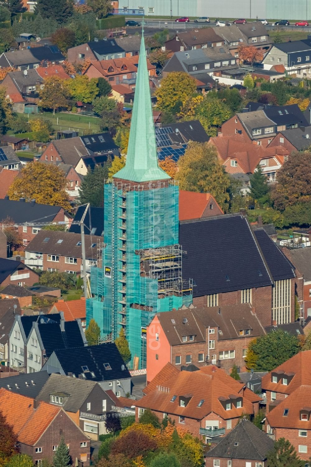 Aerial image Hamm - Renovation work on the facade of the church building of the Catholic rectory St. Pankratius church in Hamm in the state North Rhine-Westphalia