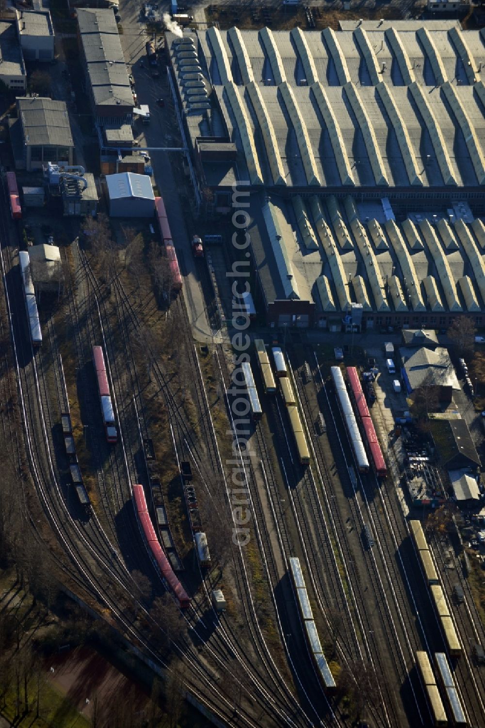 Berlin from above - Area of the sidings from the halls of repairing S-Bahn main workshop / depot in Berlin-Schoeneweide