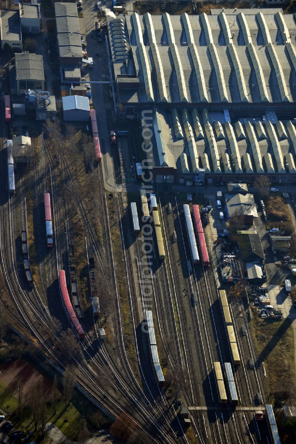 Berlin from the bird's eye view: Area of the sidings from the halls of repairing S-Bahn main workshop / depot in Berlin-Schoeneweide