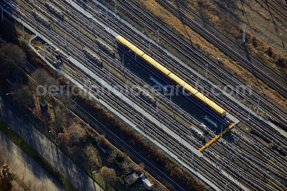 Berlin from above - Area of the sidings from the halls of repairing S-Bahn main workshop / depot in Berlin-Schoeneweide