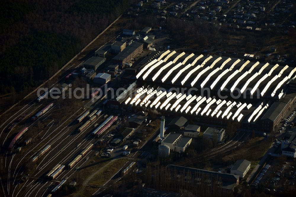 Berlin from above - Area of the sidings from the halls of repairing S-Bahn main workshop / depot in Berlin-Schoeneweide