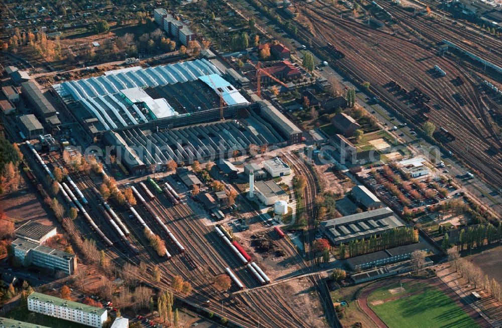 Berlin from the bird's eye view: Area of the sidings from the halls of repairing S-Bahn main workshop / depot in Berlin-Schoeneweide