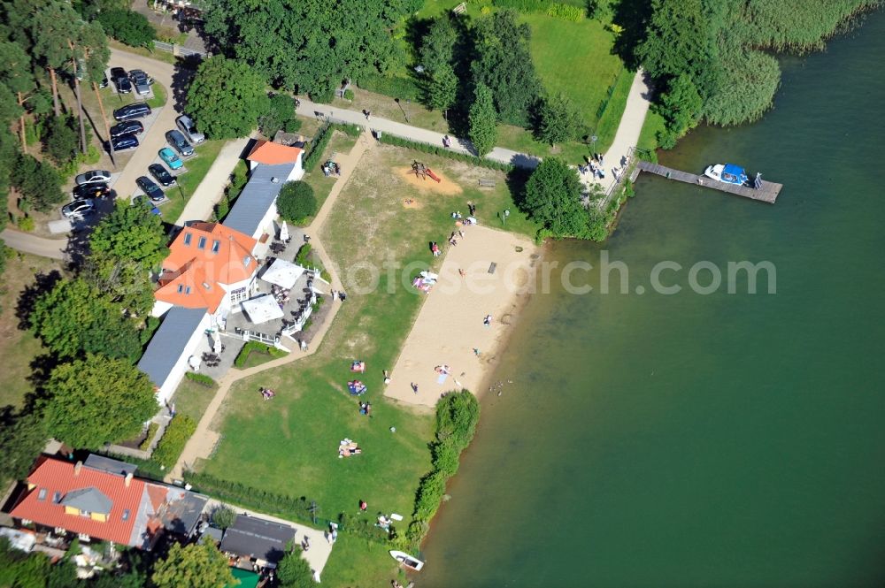 Bad Saarow from above - View of restaurant and cafe Seebad with beach in Bad Saarow in Brandenburg