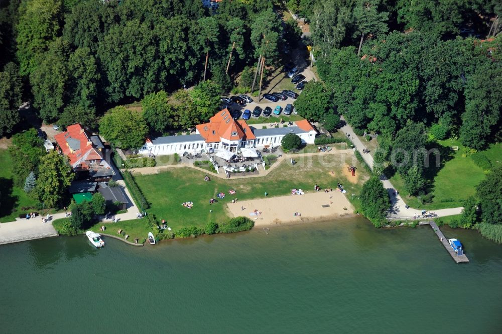 Bad Saarow from the bird's eye view: View of restaurant and cafe Seebad with beach in Bad Saarow in Brandenburg