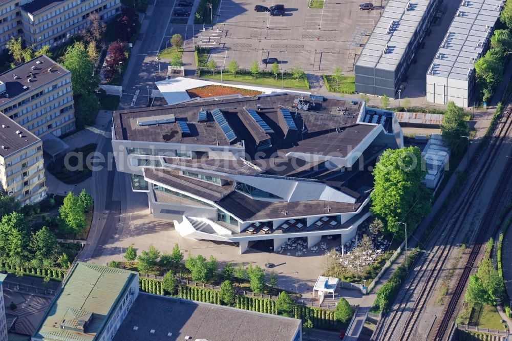 Pullach im Isartal from above - Restaurant and conference center Agora on the factory premises of Linde AG in the district Hoellriegelskreuth in Pullach in the Isar valley in the state of Bavaria