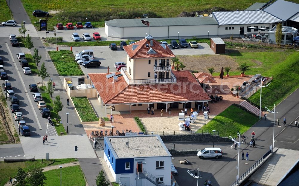 Bitterfeld from above - The restaurant Seensucht at the lake Bernsteinsee in Bitterfeld in Saxony-Anhalt