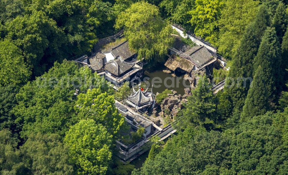 Aerial photograph Bochum - Restoration of the Chinese Garden on the grounds of the campus of the RUB University of Bochum in North Rhine-Westphalia