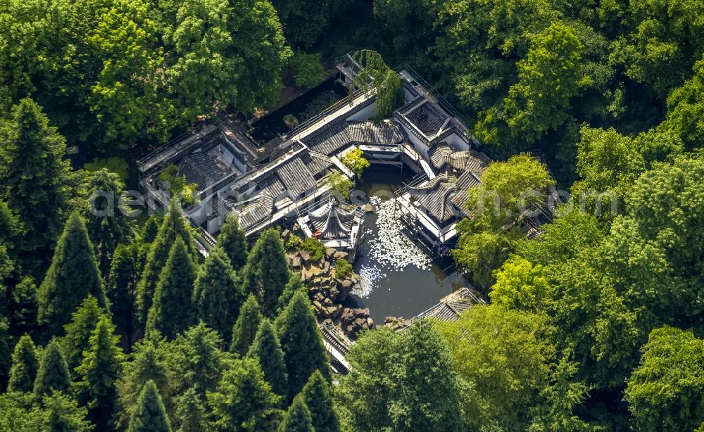 Bochum from above - Restoration of the Chinese Garden on the grounds of the campus of the RUB University of Bochum in North Rhine-Westphalia