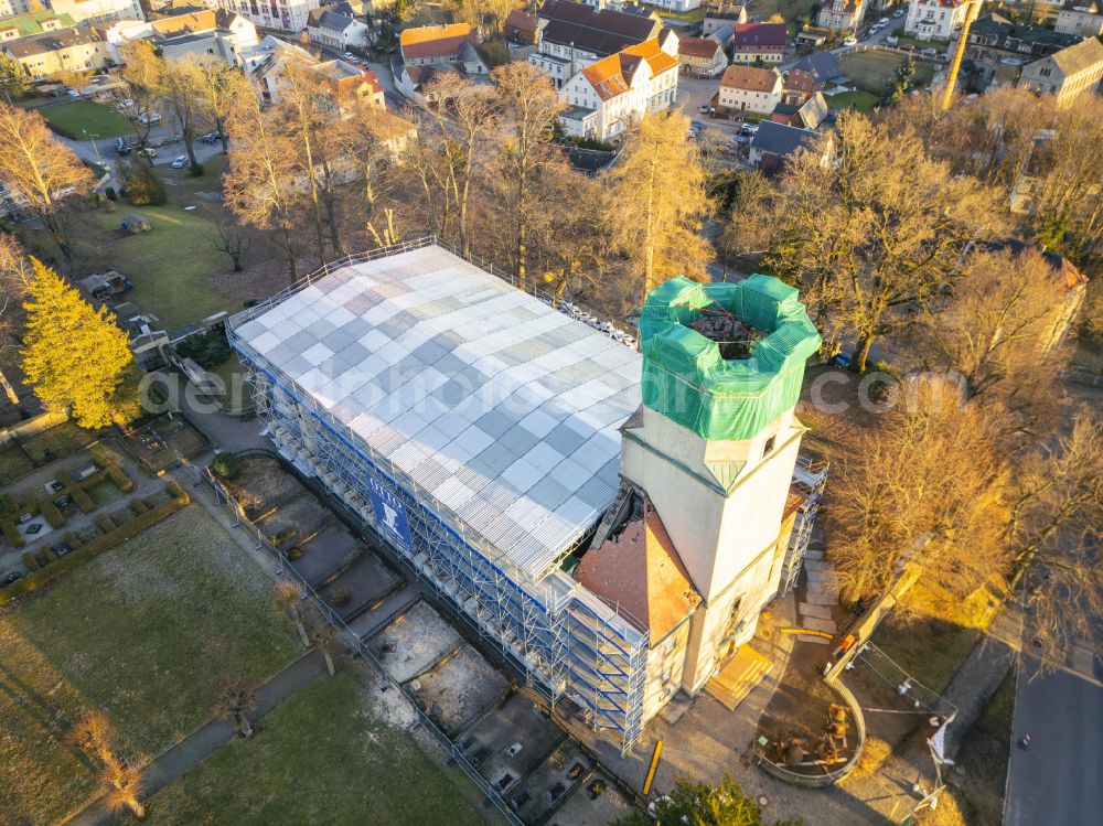 Aerial image Großröhrsdorf - Construction site for the restoration and reconstruction of the church building on street Lichtenberger Strasse in Grossroehrsdorf in the state Saxony, Germany