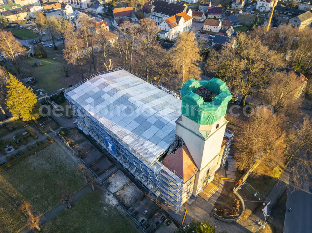 Aerial photograph Großröhrsdorf - Construction site for the restoration and reconstruction of the church building on street Lichtenberger Strasse in Grossroehrsdorf in the state Saxony, Germany