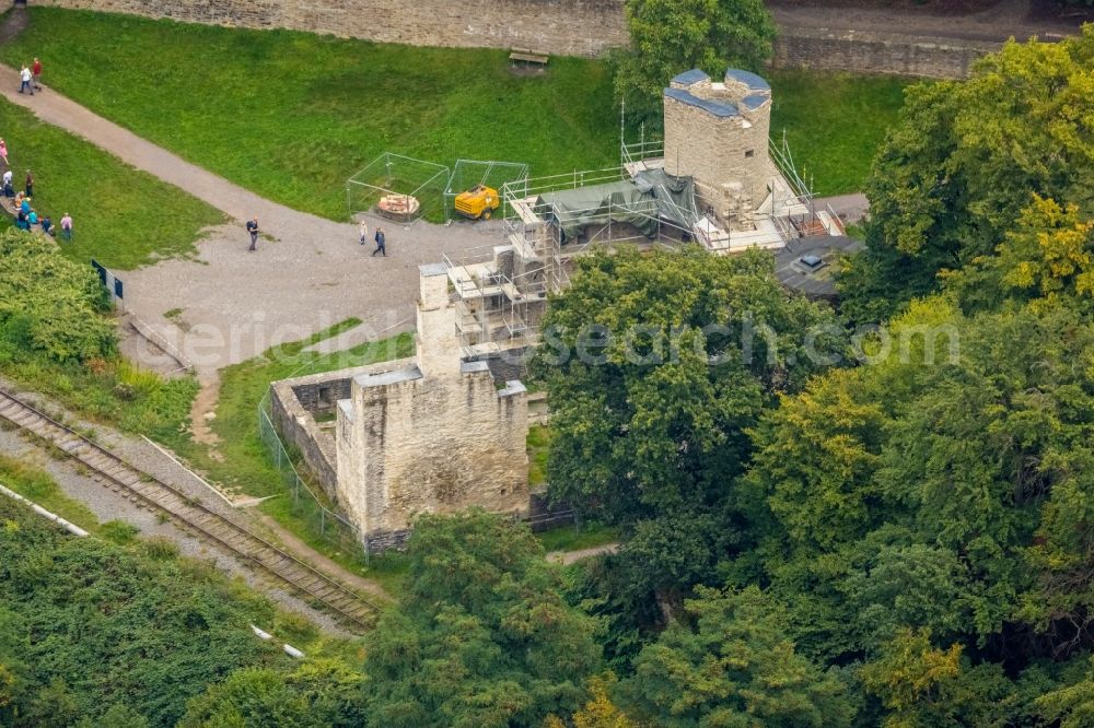 Herbede from above - Restoration work on the ruins of the former castle and fortress Burgruine Hardenstein in Herbede in the Ruhr area in the state North Rhine-Westphalia, Germany