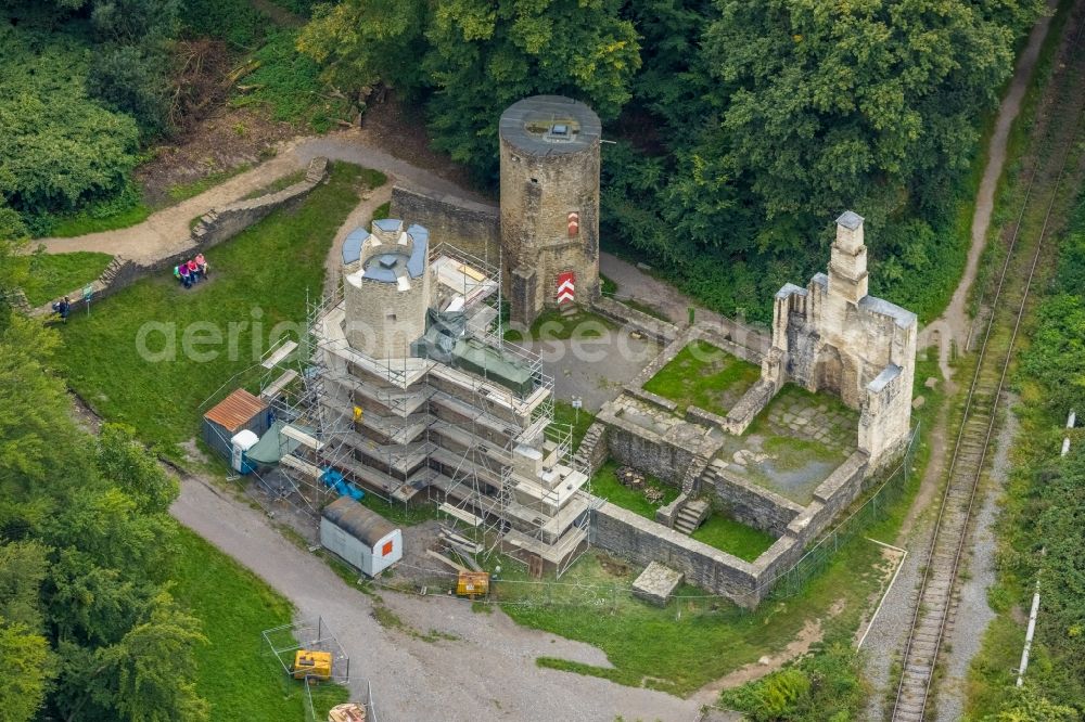 Herbede from the bird's eye view: Restoration work on the ruins of the former castle and fortress Burgruine Hardenstein in Herbede in the Ruhr area in the state North Rhine-Westphalia, Germany