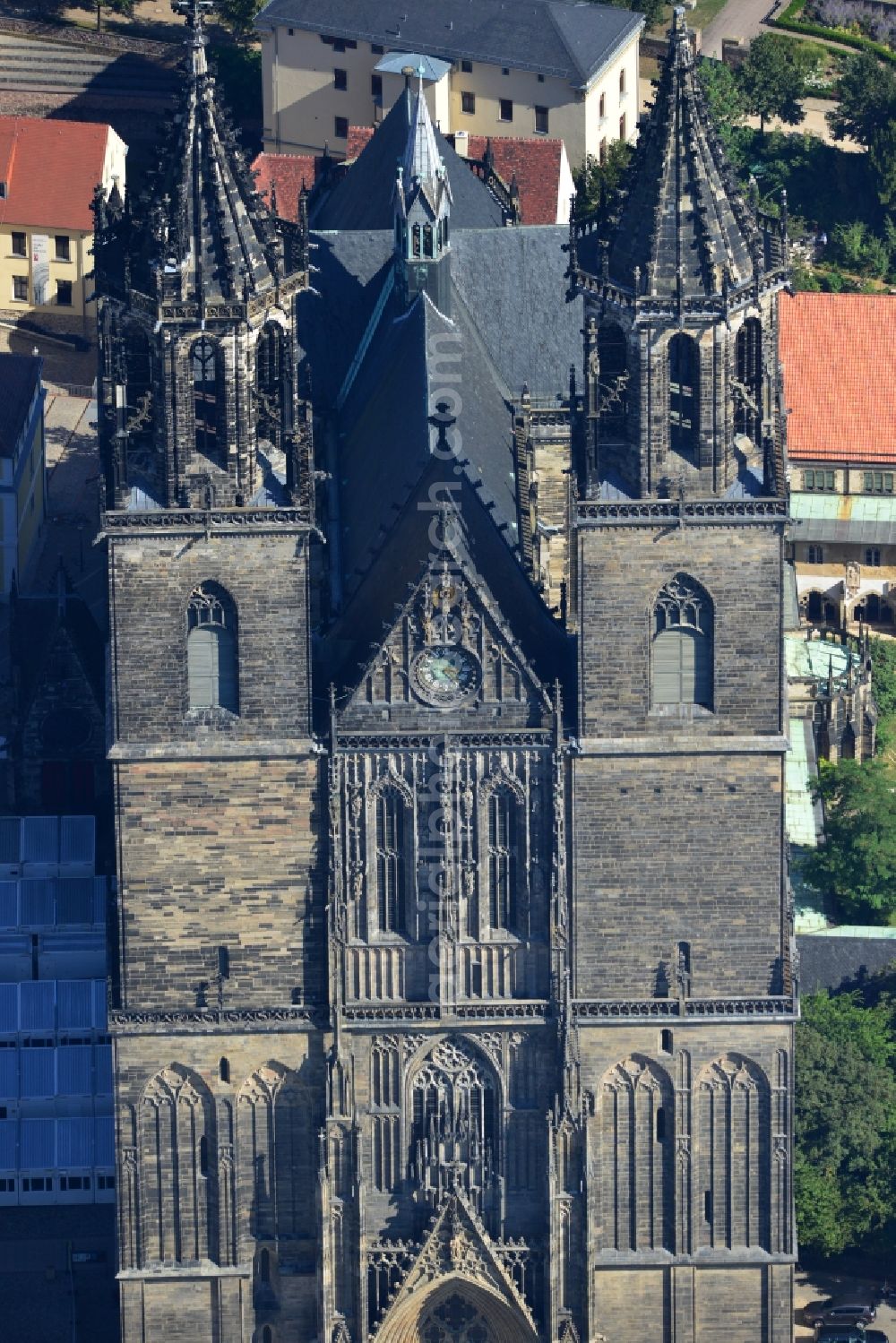 Magdeburg from above - View of the Cathedral of Magdeburg St. Mauritius and Catherine. The Magdeburg Cathedral is the oldest Gothic building on German soil, the former cathedral of the Archbishopric of Magdeburg and at the same time city landmark