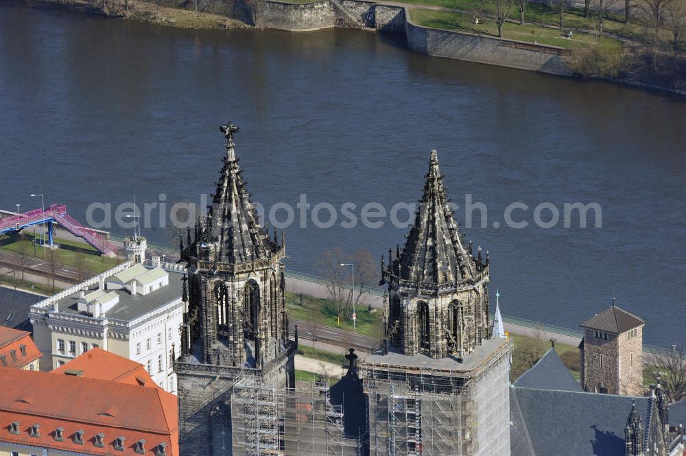 Magdeburg from above - View the towers of the Cathedral of Magdeburg St. Mauritius and Catherine. The Magdeburg Cathedral is the oldest Gothic building on German soil, the former cathedral of the Archbishopric of Magdeburg and at the same time city landmark