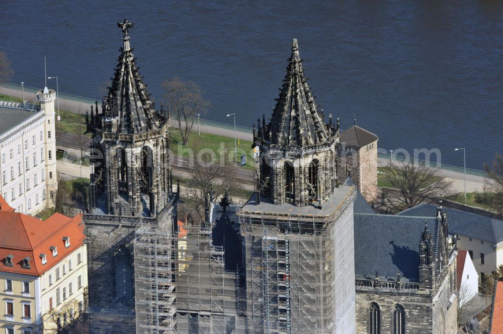 Magdeburg from the bird's eye view: View the towers of the Cathedral of Magdeburg St. Mauritius and Catherine. The Magdeburg Cathedral is the oldest Gothic building on German soil, the former cathedral of the Archbishopric of Magdeburg and at the same time city landmark