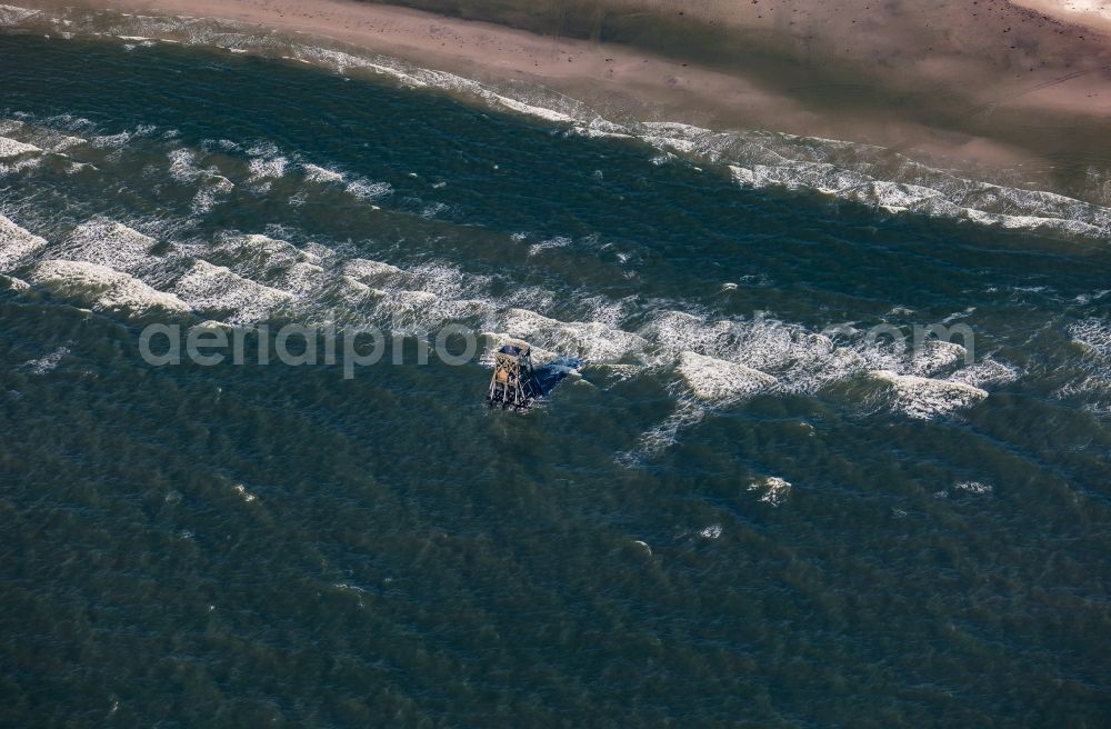 Aerial photograph Pellworm - Remains of the old rescue beacon on the sandbank in Suederoogsand in the North Sea in the state Schleswig-Holstein, Germany