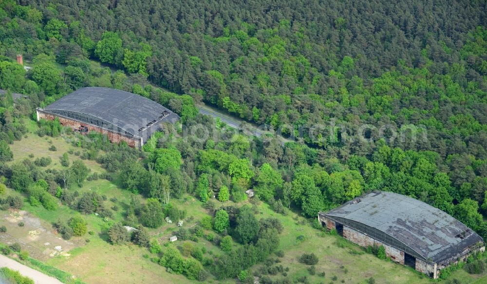 Ludwigslust from the bird's eye view: Remains of the ruins old hangar hangars on the former site of the airfield in Ludwigslust in the state Mecklenburg - Western Pomerania