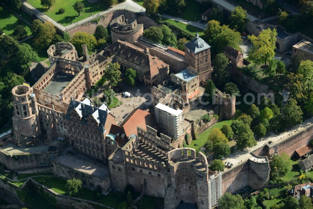 Aerial image Heidelberg - Remains of the ruins of the palace grounds of the former castle Schloss Heidelberg am Schlosshof in Heidelberg in the state Baden-Wuerttemberg