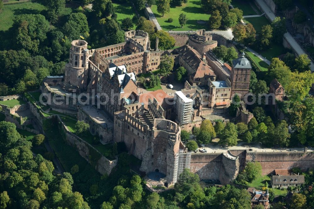 Heidelberg from above - Remains of the ruins of the palace grounds of the former castle Schloss Heidelberg am Schlosshof in Heidelberg in the state Baden-Wuerttemberg