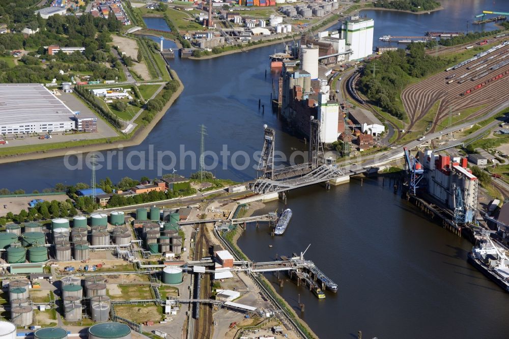 Hamburg from above - Rethe lift bridge Rethebruecke in Hamburg-Mitte / Wilhelmsburg. A project of the Hamburg Port Authority HPA and Ingenieurbuero GRASSL GmbH