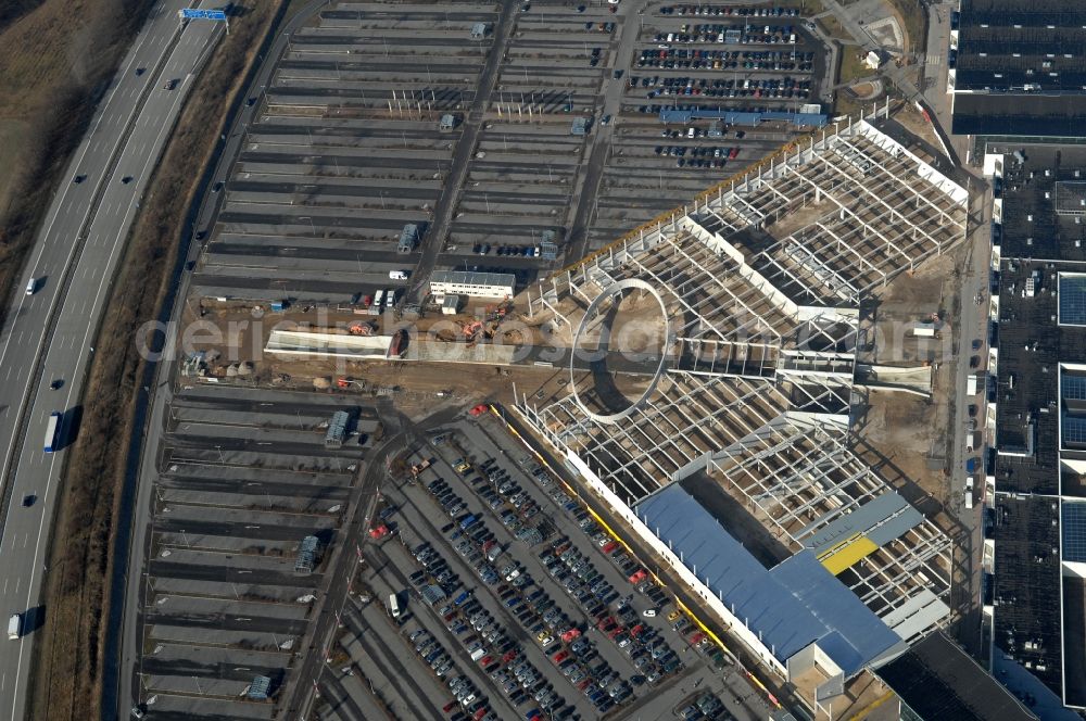 Aerial photograph Wildau - Revitalization and expansion construction at the building complex of the shopping center A10 Center in the district Kiekebusch in Wildau in the state Brandenburg, Germany