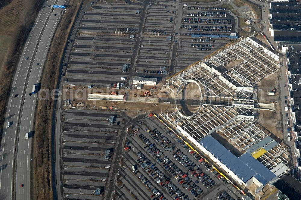 Wildau from the bird's eye view: Revitalization and expansion construction at the building complex of the shopping center A10 Center in the district Kiekebusch in Wildau in the state Brandenburg, Germany