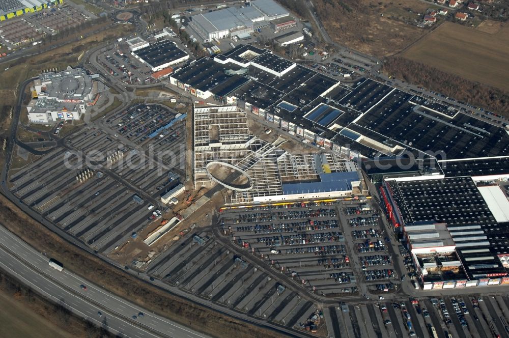 Aerial image Wildau - Revitalization and expansion construction at the building complex of the shopping center A10 Center in the district Kiekebusch in Wildau in the state Brandenburg, Germany