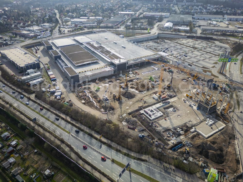 Dresden from the bird's eye view: Revitalization and expansion construction at the building complex of the shopping center Kaufpark Dresden on street Dohnaer Strasse in the district Lockwitz in Dresden in the state Saxony, Germany