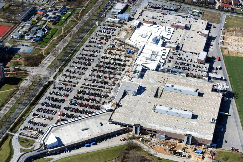 Eiche from above - Revitalization and expansion construction at the building complex of the shopping center KaufPark Eiche der Unibail-Rodamco Germany GmbH in Ahrensfelde in the state Brandenburg