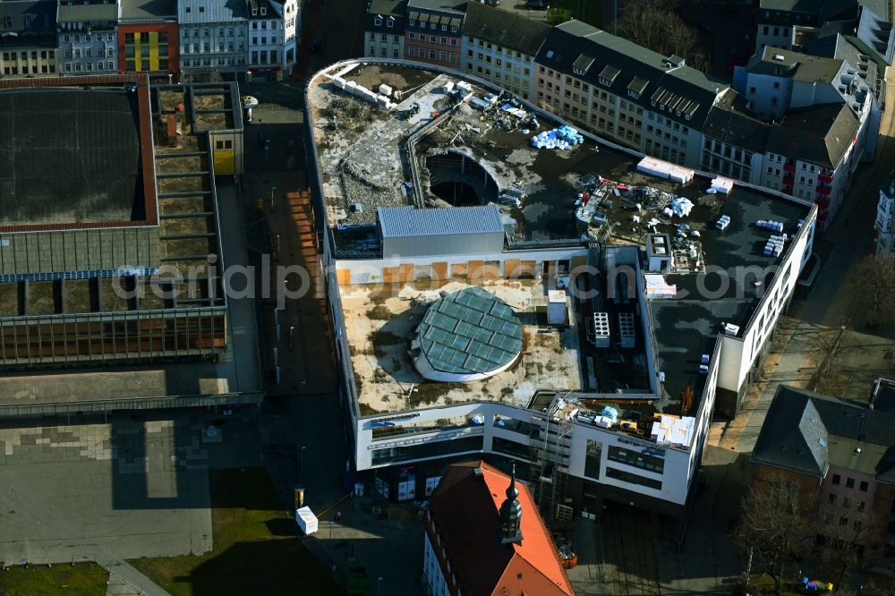 Aerial image Gera - Revitalization and expansion construction at the building complex of the shopping center Otto-Dix-Passage formerly Elsterforum in Gera in the state Thuringia, Germany