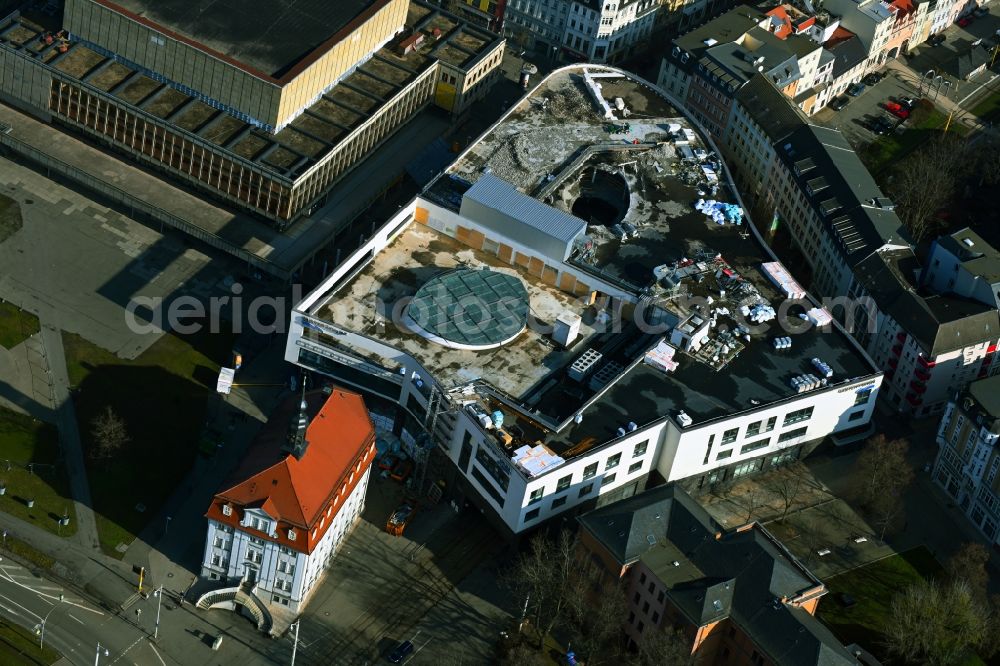 Gera from above - Revitalization and expansion construction at the building complex of the shopping center Otto-Dix-Passage formerly Elsterforum in Gera in the state Thuringia, Germany