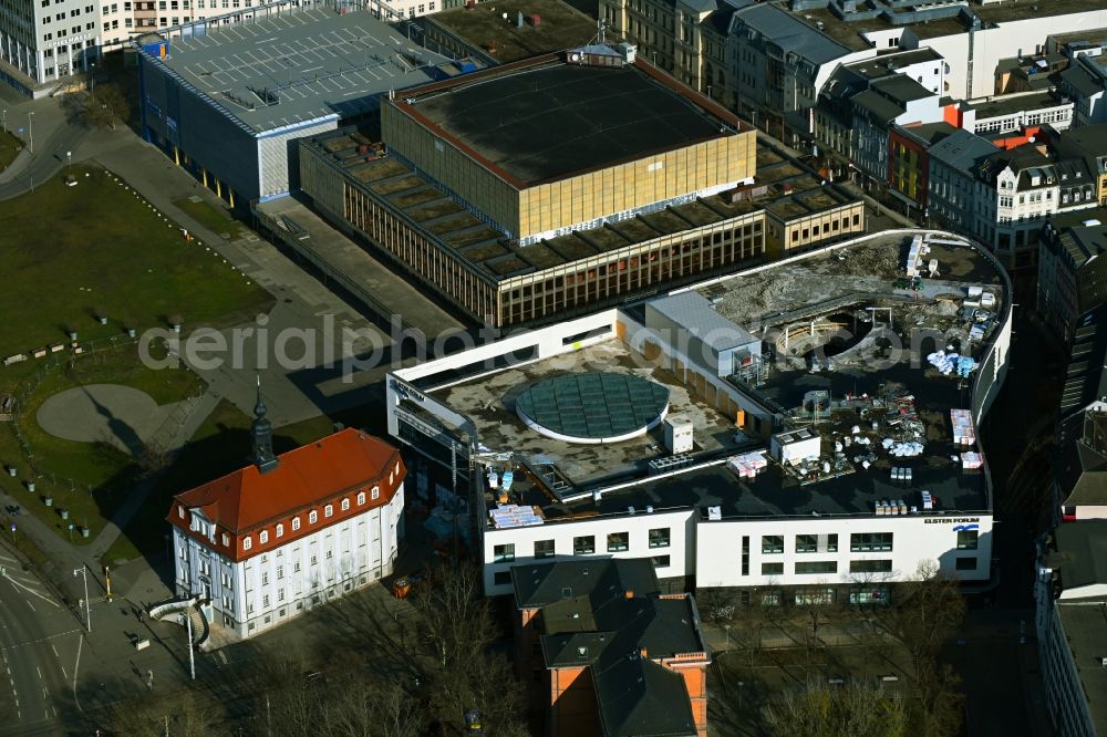 Gera from the bird's eye view: Revitalization and expansion construction at the building complex of the shopping center Otto-Dix-Passage formerly Elsterforum in Gera in the state Thuringia, Germany