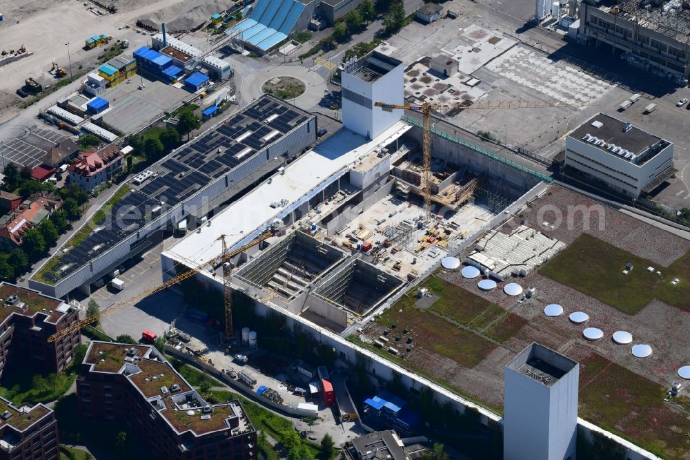 Basel from above - Revitalization and expansion construction at the building complex of the shopping center Stuecki in the district Kleinhueningen in Basel, Switzerland