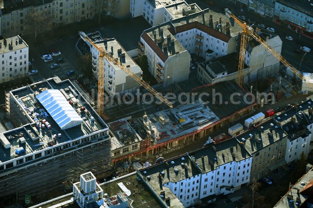 Berlin from the bird's eye view: Revitalization and expansion construction at the building complex of the shopping center Tegel Quartier on street Gorkistrasse in the district Tegel in Berlin, Germany