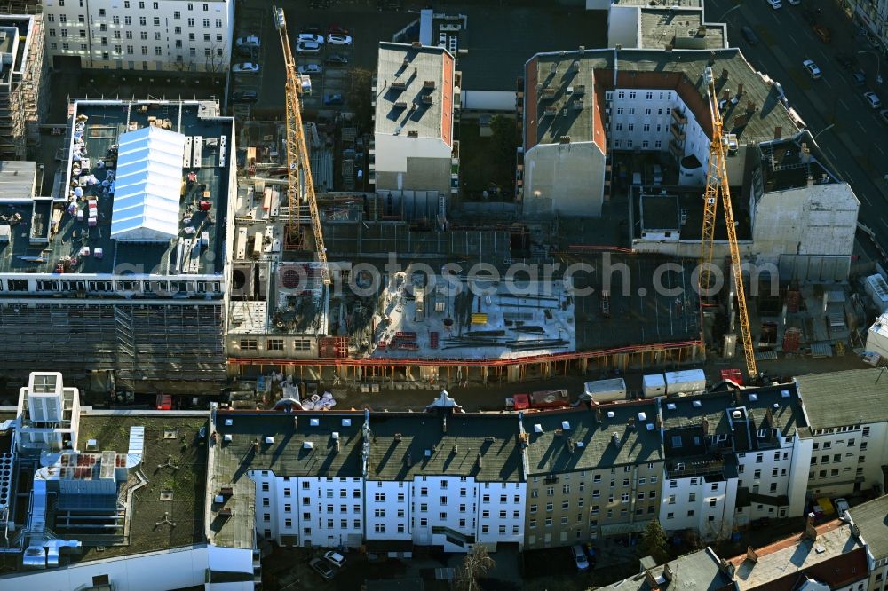 Aerial image Berlin - Revitalization and expansion construction at the building complex of the shopping center Tegel Quartier on street Gorkistrasse in the district Tegel in Berlin, Germany