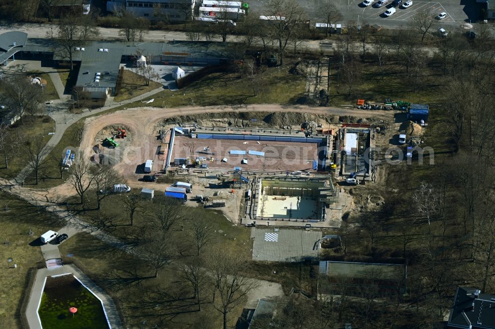 Berlin from above - Construction site for the modernization, renovation and conversion of the swimming pool of the outdoor pool of Sommerbad Wilmersdorf on Forckenbeckstrasse in Berlin, Germany