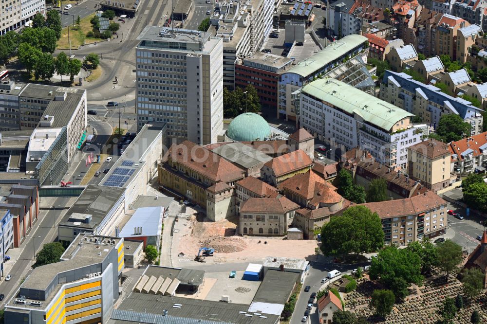 Nürnberg from above - Construction site for the modernization, renovation and reconstruction of the swimming pool of the outdoor swimming pool Volksbad Nuernberg on Rothenburger Strasse - Imhoffstrasse in the Zentrum district of Nuremberg in the state of Bavaria, Germany