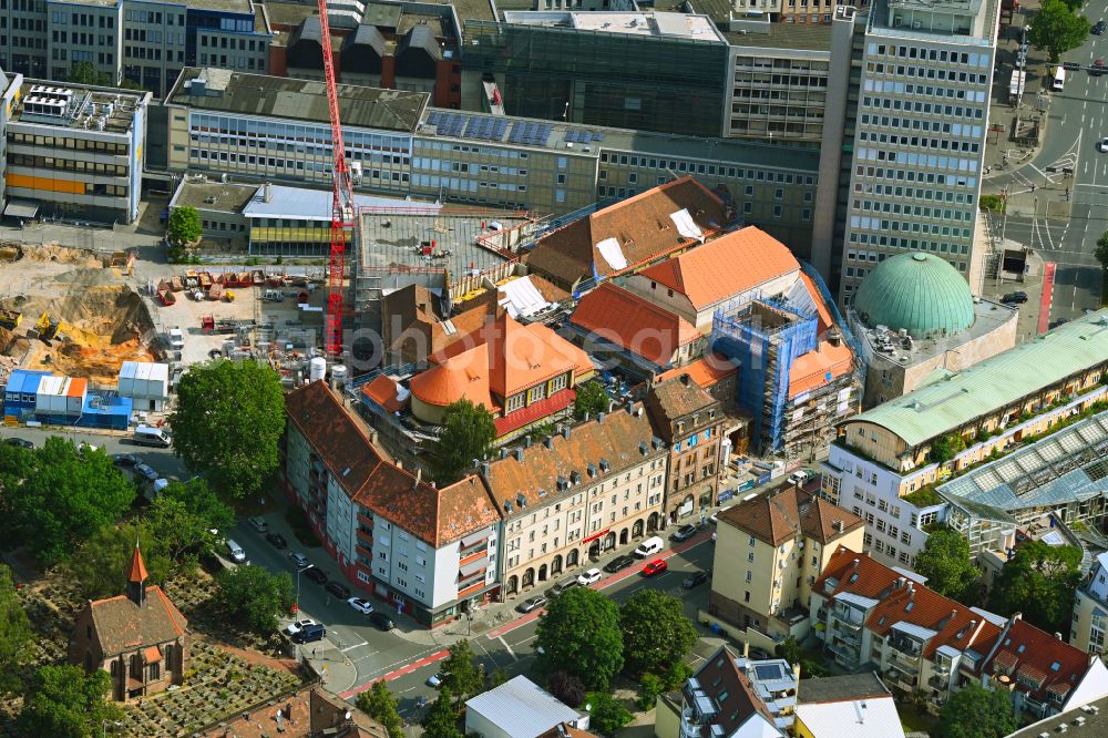 Nürnberg from the bird's eye view: Construction site for the modernization, renovation and reconstruction of the swimming pool of the outdoor swimming pool Volksbad Nuernberg on Rothenburger Strasse - Imhoffstrasse in the Zentrum district of Nuremberg in the state of Bavaria, Germany