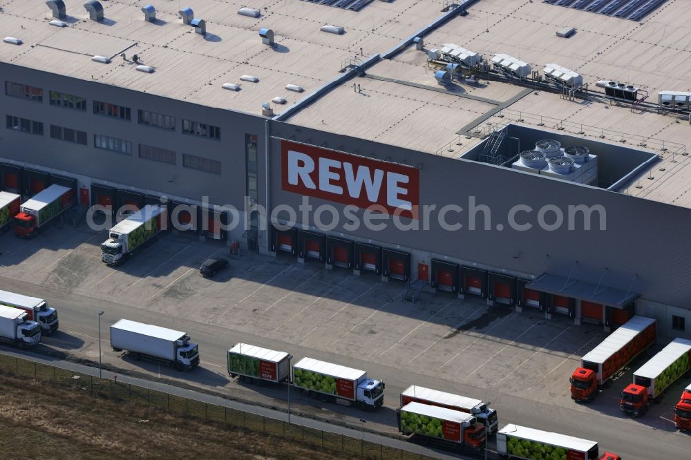 Oranienburg from above - View of the Rewe logistics centre in Oranienburg in the state Brandenburg