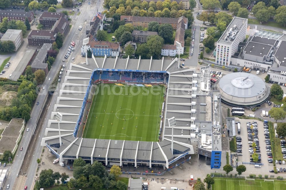 Aerial image Bochum - rewirpower STADIUM Bochum in football - the 2.Bundesliga game against VfL Bochum 1848 VfR basking in Bochum in North Rhine-Westphalia