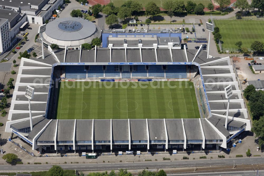 Aerial photograph Bochum - Blick auf das Rewirpowerstadion (ehem. Ruhrstadion). Das Stadion ist die Spielstätte des Fußballklubs VfL Bochum. View of the Rewirpower Stadium (formerly Ruhr Stadium), home of the football team Vfl Bochum.