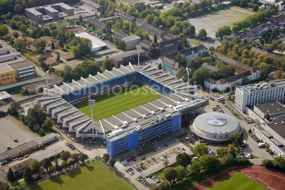 Aerial photograph Bochum - Das Rewirpowerstadion, bis 2006 Ruhrstadion genannt, ist das Fußballstadion des VfL Bochum in Bochum, Nordrhein-Westfalen. Es ist komplett überdacht und bietet 30000 Zuschauern Platz. The stadium Rewirpowerstadion, until 2006 the Ruhrstadion, is the football stadium of the football club VfL Bochum in Bochum, North Rhine-Westphalia. It is completely roofed and provides space for up to 30.000 viewers.